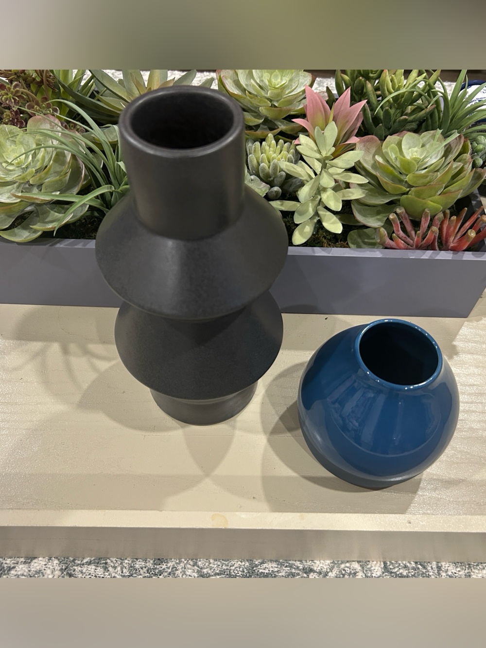 West Elm Matte Black Decorative Ceramic Vase with Blue Accent Vase - Home Accent